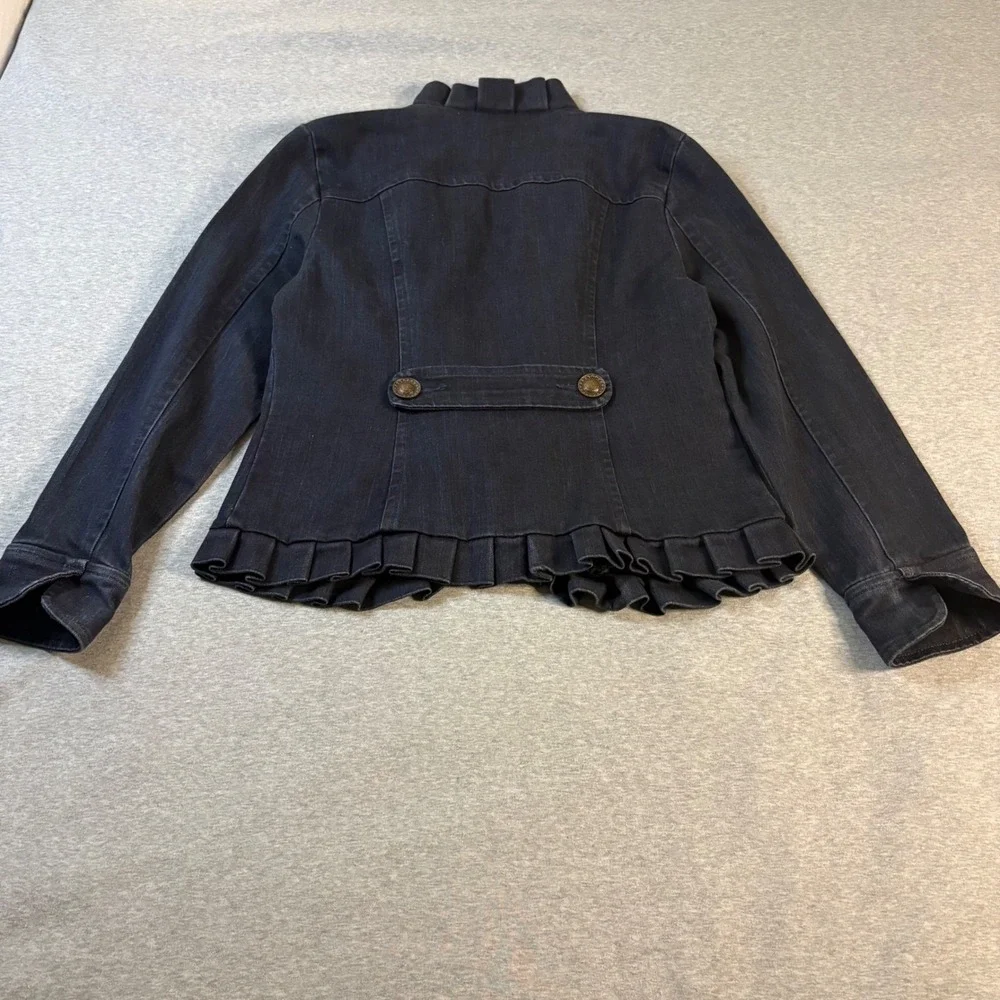 JW Style Women Dark Wash Ruffle Trim Denim Jacket Hook Eye Closure Black Blue M